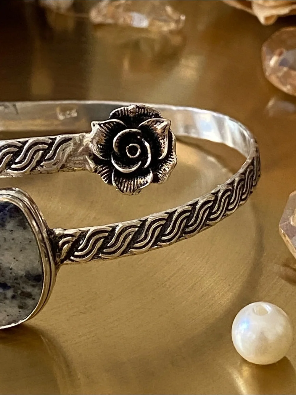 Sodalite Hand Crafted Flower Bypass Bangle